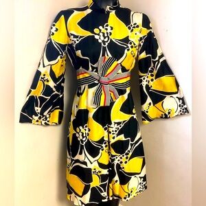 Vintage Rodrigues for Milbo Bold Graphic Print Silk Dress Bell Sleeves 60’s